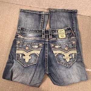 Mens Rock Revival Earlin Boot Denim Jeans Embellished 36 Stonewashed Distressed